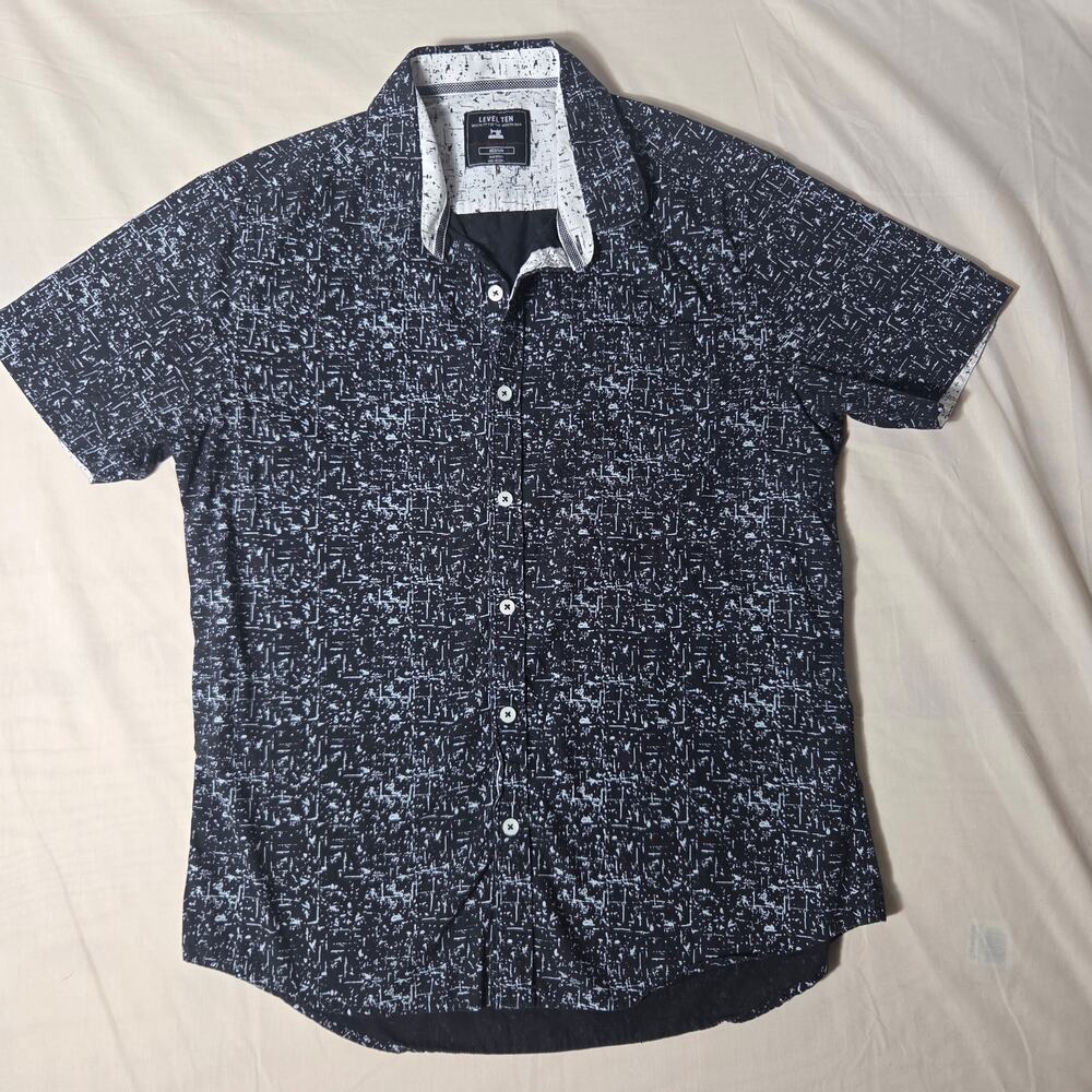 Level Ten Men's Medium Abstract Splatter Button Down Shirt Black White